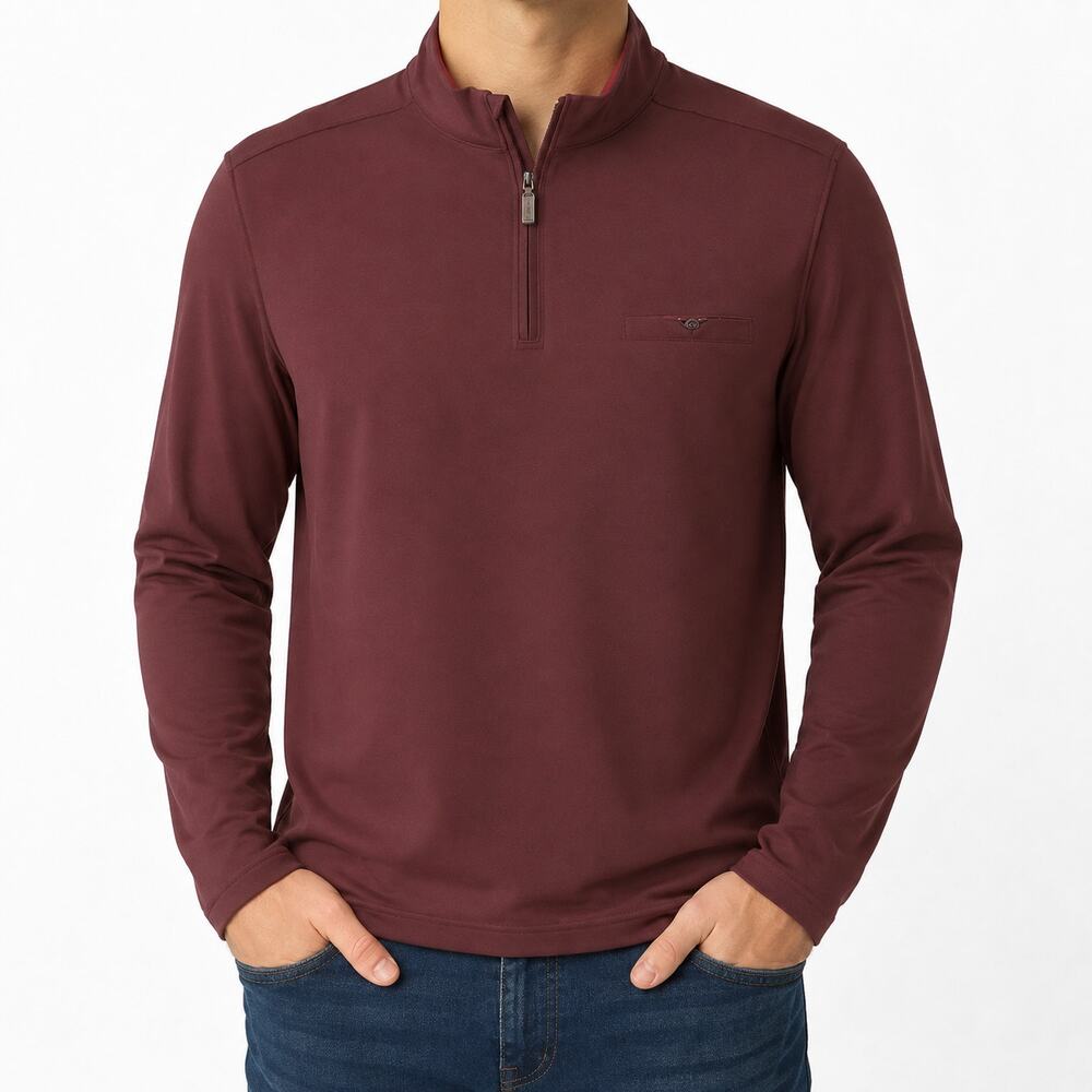 Age Of Wisdom Sweater Mens Large Burgundy Long Sleeve Mock Neck 1/4 Zip Stretch